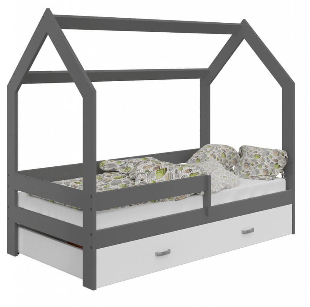 eoshop Detská posteľ Domček 80x160 cm D3, rošt ZADARMO - sivá, úlož. jednoducho: biela, matracu: bez matraca